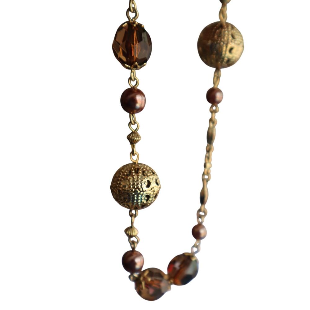 Vintage Gold Tone necklace Amber Glass beads Gold Balls Long Boho Brown